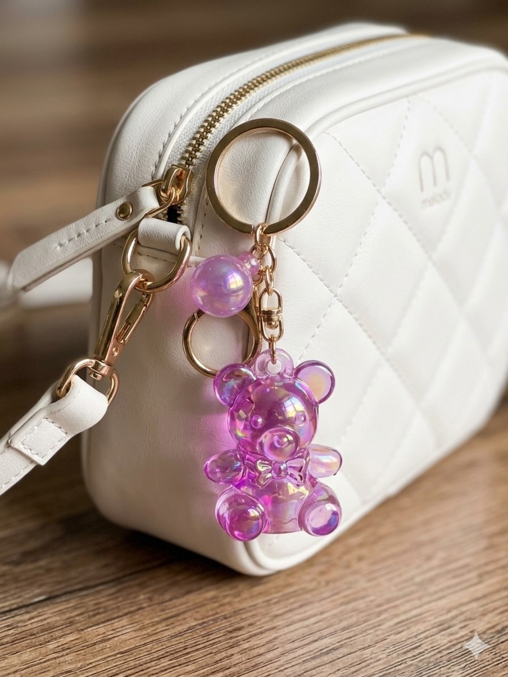 Iridescent Pink Gummy Bear Keychain with Gold Ring